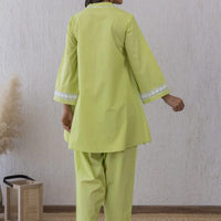 Lime Breeze Lace & Potli Button Set with Cozy Cotton Pants