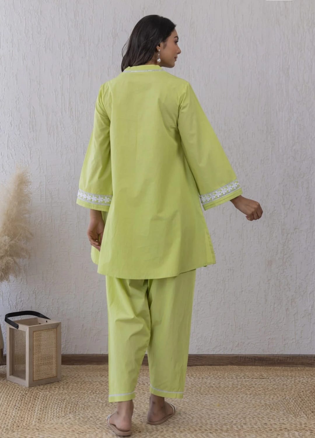 Lime Breeze Lace & Potli Button Set with Cozy Cotton Pants