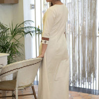 Graceful Off-White Kurta with Embroidered Yoke and Printed Pants