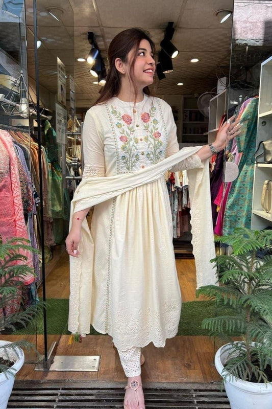 Graceful Embroidery: Cotton Kurta, Pants & Dupatta