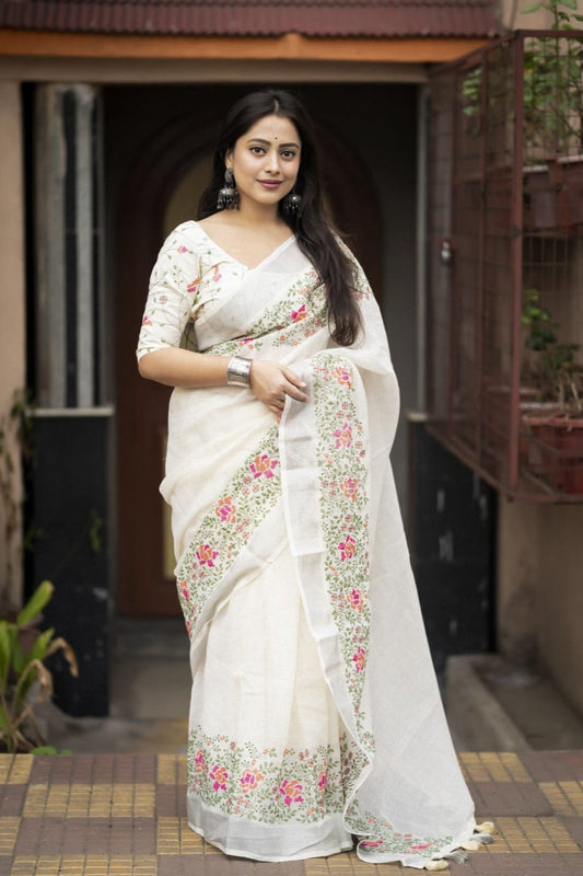 Embroidered Elegance Linen Saree