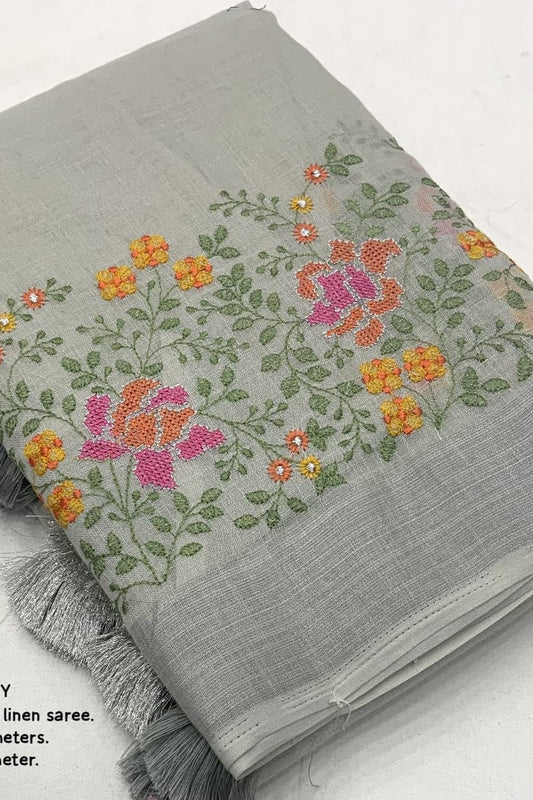 Embroidered Elegance Linen Saree