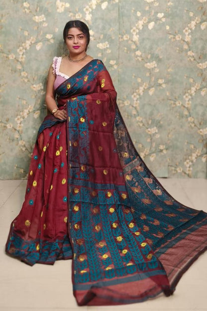 Exclusive Flower Stick All Over Soft Dhakai Jamdani Saree