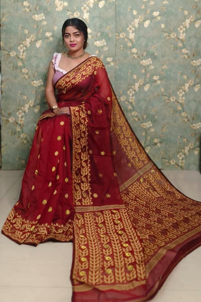 Exclusive Flower Stick All Over Soft Dhakai Jamdani Saree