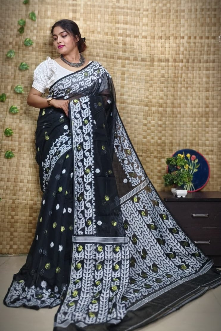 Exclusive Flower Stick All Over Soft Dhakai Jamdani Saree