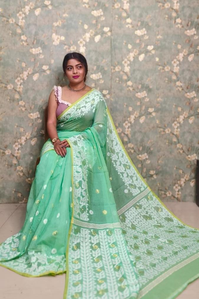 Exclusive Flower Stick All Over Soft Dhakai Jamdani Saree