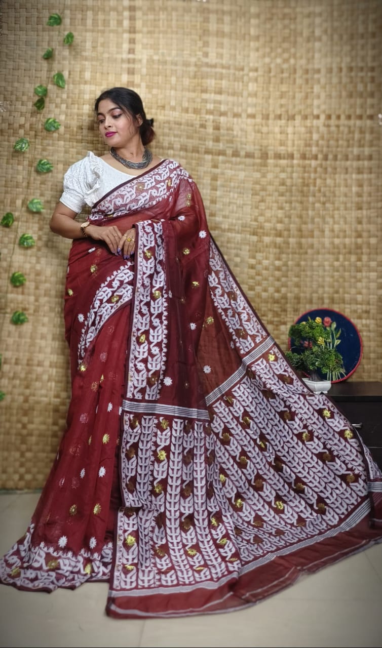 Exclusive Flower Stick All Over Soft Dhakai Jamdani Saree