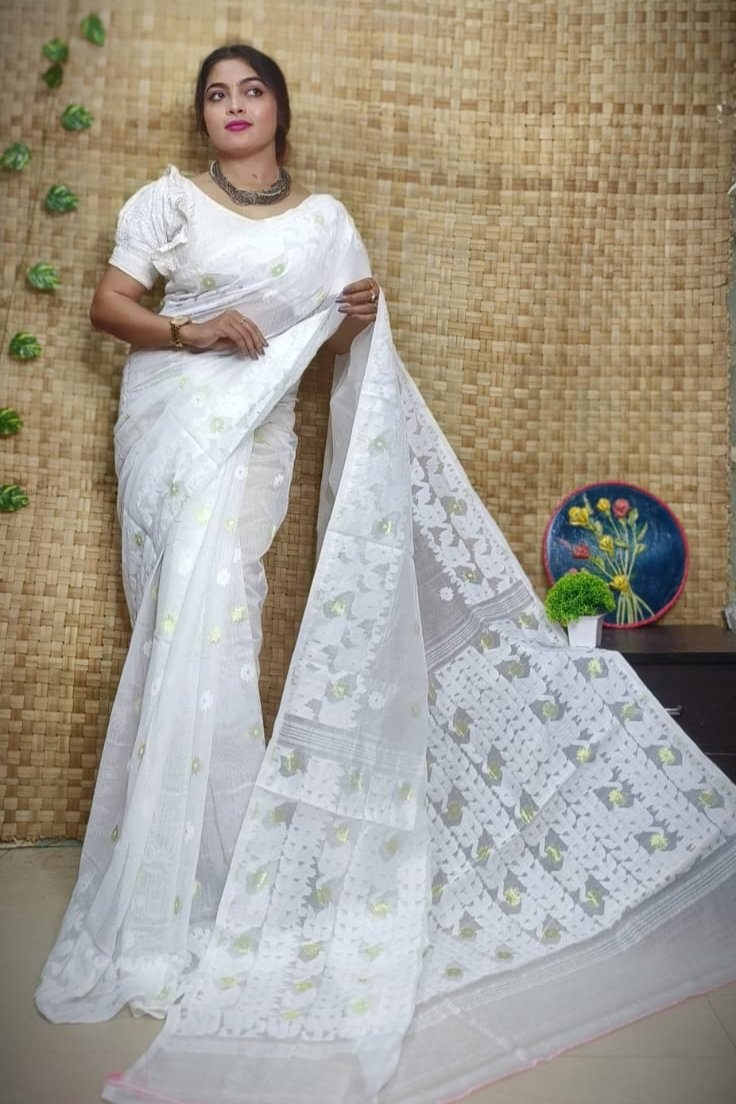 Exclusive Flower Stick All Over Soft Dhakai Jamdani Saree