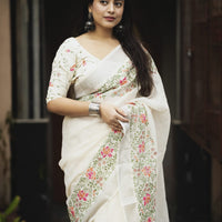 Embroidered Elegance Linen Saree
