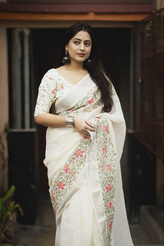 Embroidered Elegance Linen Saree